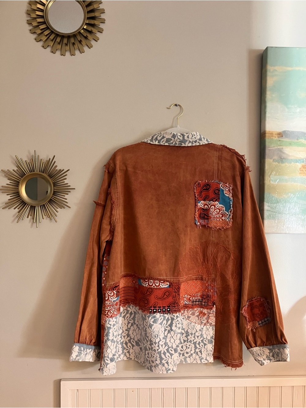 POL Boho Patchwork Shacket in Rust, Cream with Lace/ embroidered details - Picture 2 of 8